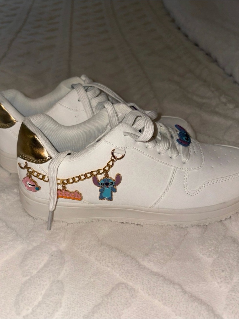 Women’s White Sneakers with Gold Accent and Character Charms